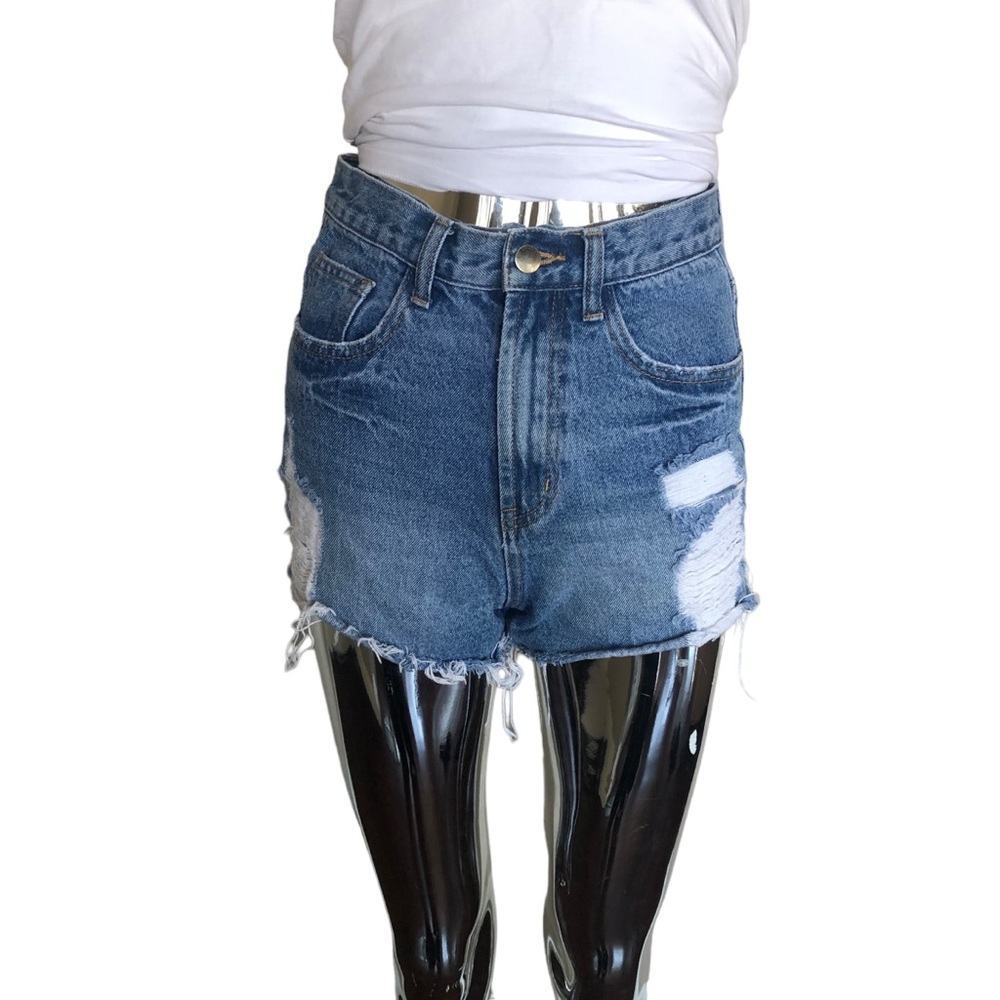 Distressed High Waist Denim Shorts by Twelve
